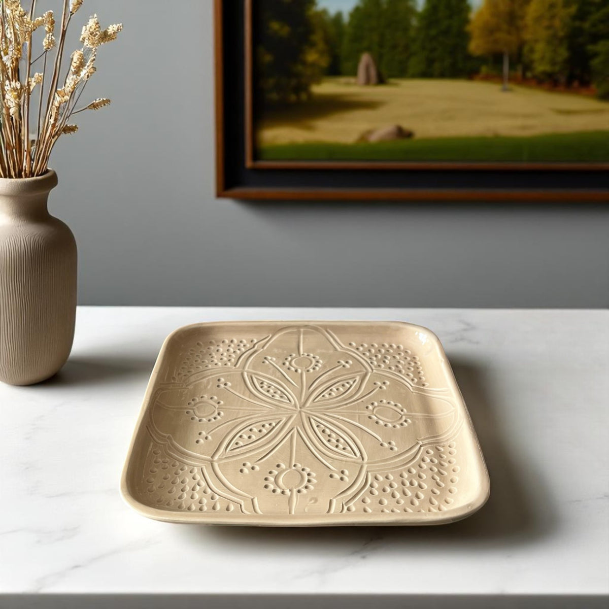 Premium Hand-Engraved Neutral Moroccan Square Plate (Available in 3 Sizes)