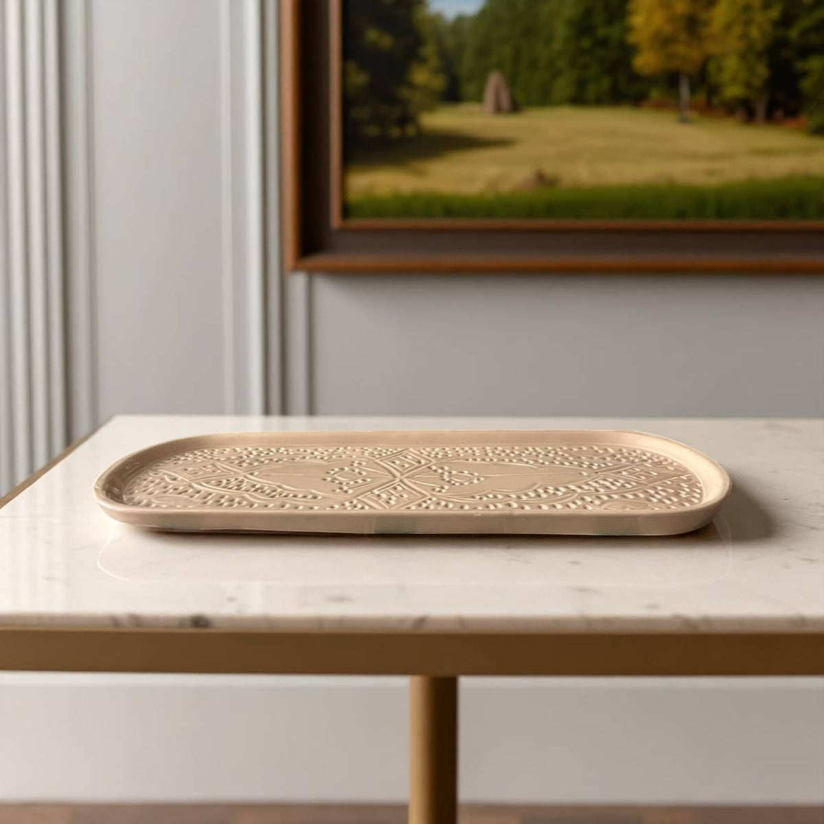 Hand-Engraved Beige Moroccan Platter (40 x 16 cm)