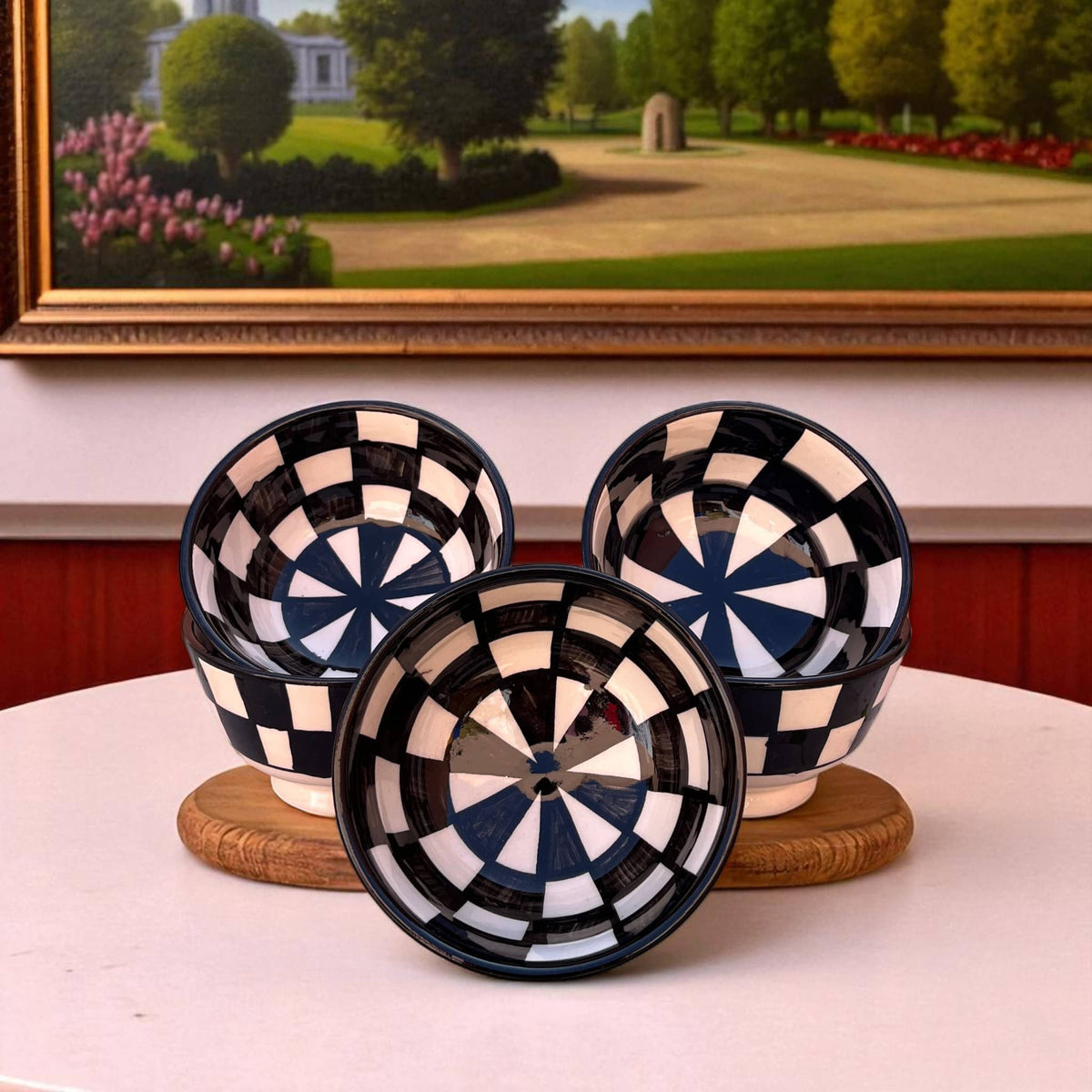 Handpainted Black & White Fes Moroccan Bowls (Set of 5 - 10 cm Diameter)