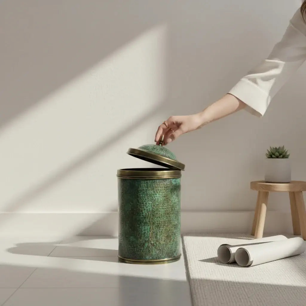 Handmade hammered brass trash can with verdigris patina lid, Moroccan artisan brass container, 34 cm tall