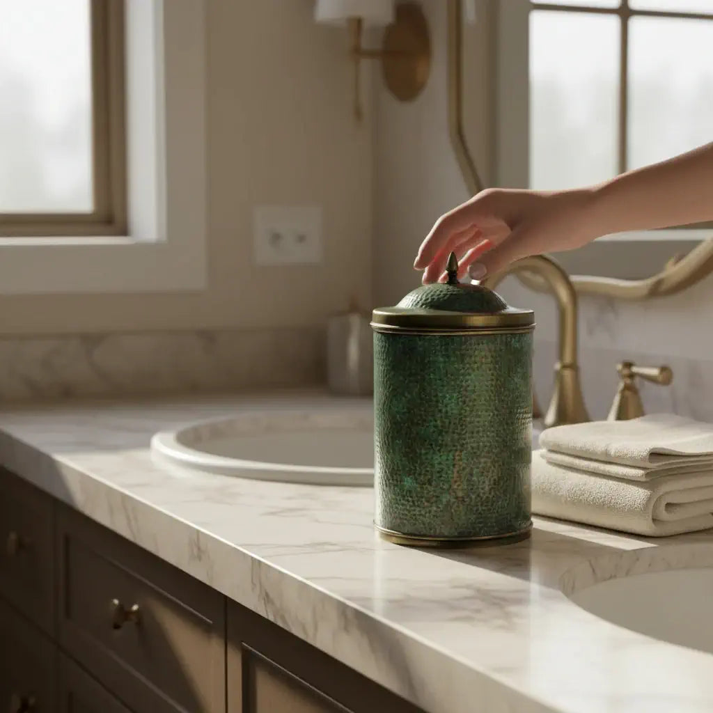 Handmade hammered brass trash can with verdigris patina lid, Moroccan artisan brass container, 34 cm tall