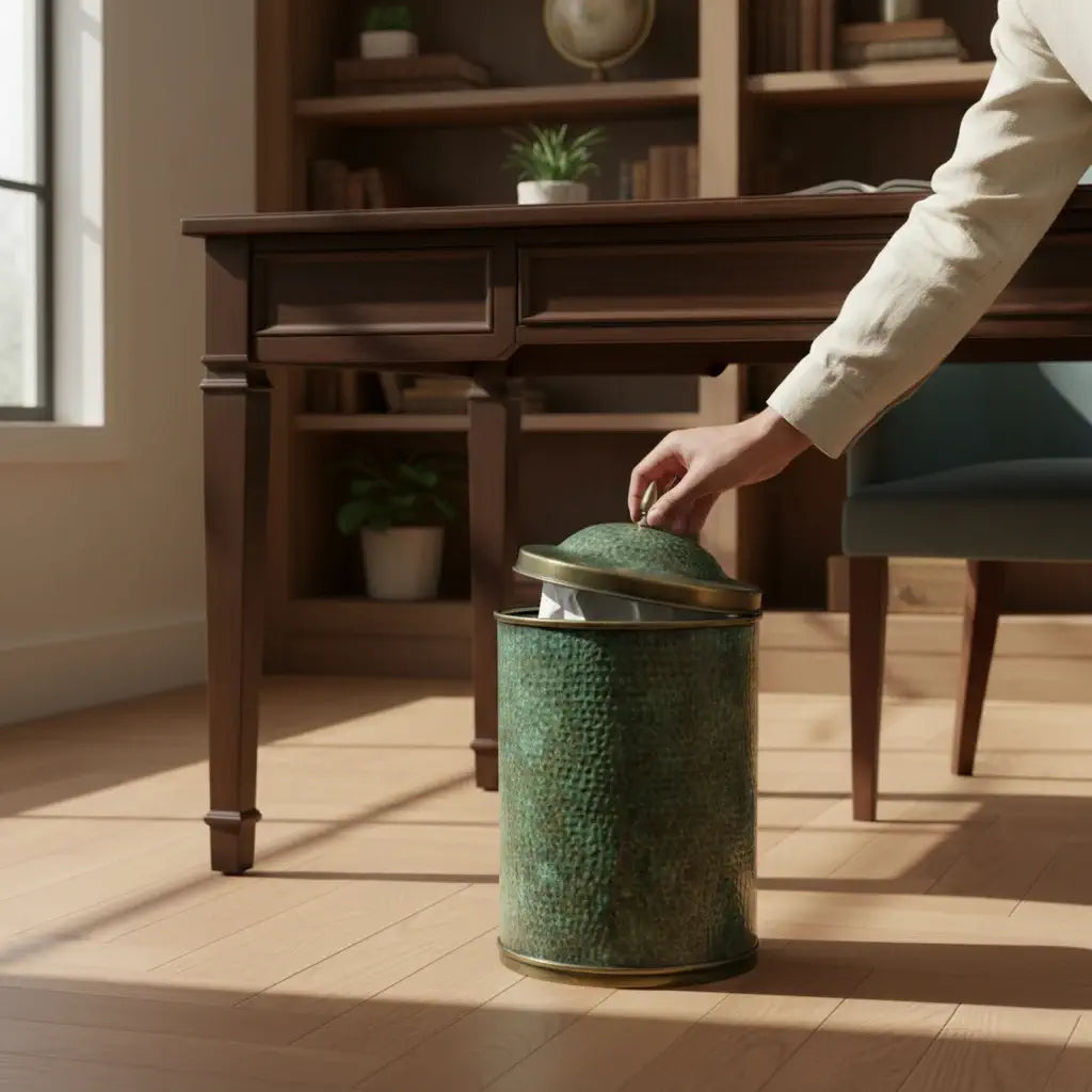 Handmade hammered brass trash can with verdigris patina lid, Moroccan artisan brass container, 34 cm tall