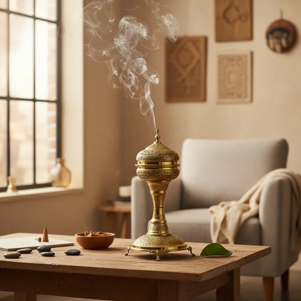 Handmade Moroccan brass incense burner with hand engraved details displayed in a modern living room