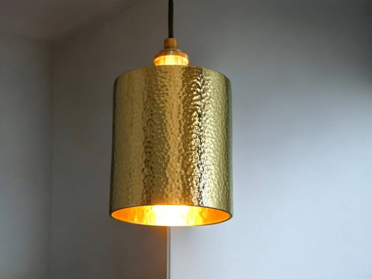 Handcrafted Hammered Brass Cylindrical Pendant Ceiling Light Fixture