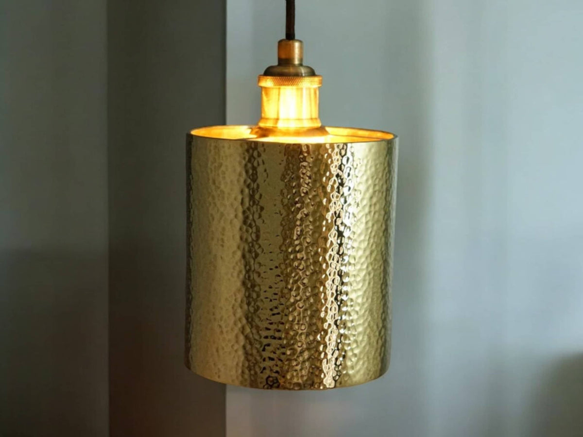 Handcrafted Hammered Brass Cylindrical Pendant Ceiling Light Fixture
