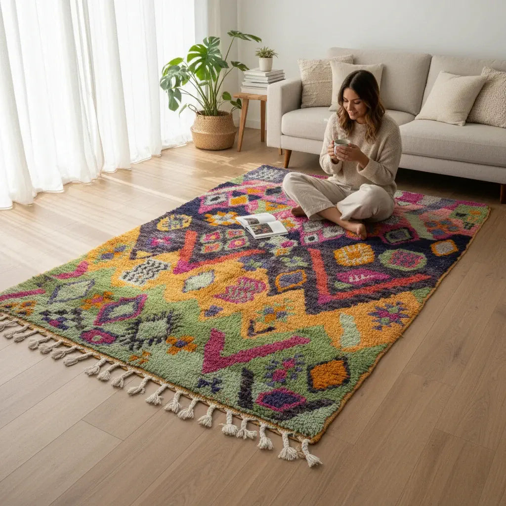 Handwoven Moroccan Bjaad carpet with tribal jewel geometric motifs in multicolor wool, 252 × 164 cm