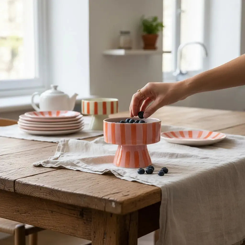 Hand-painted Moroccan pedestal ceramic bowl in rose pink with terracotta orange stripes, 16 cm tall, 14 cm diameter