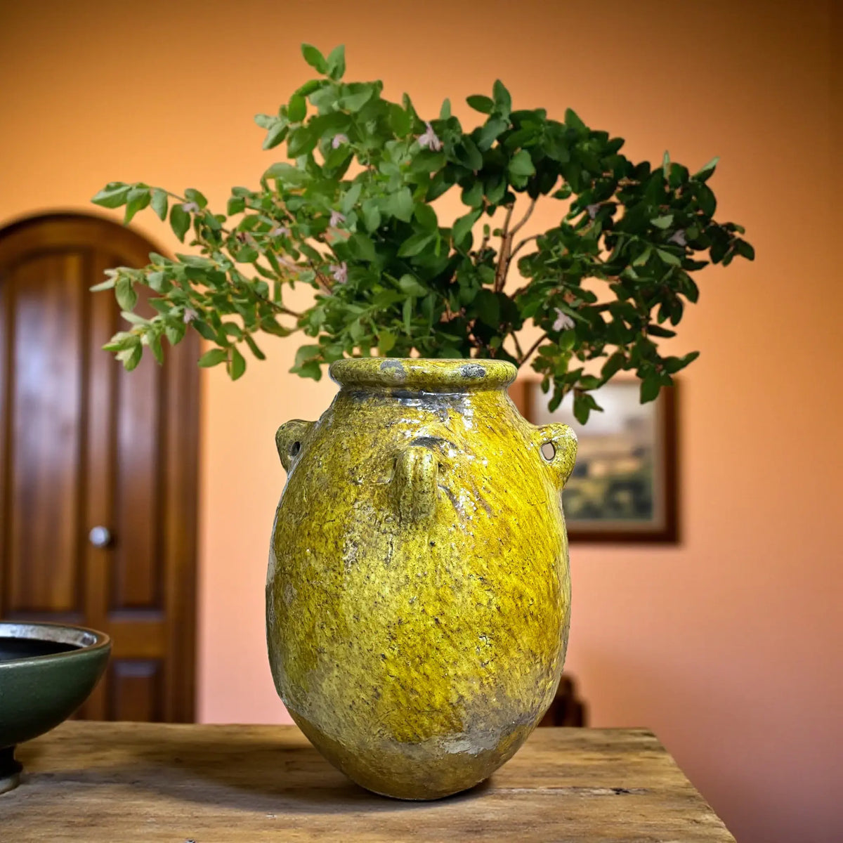 Handmade yellow Tamegroute vase with side handles and rustic glaze, Moroccan pottery