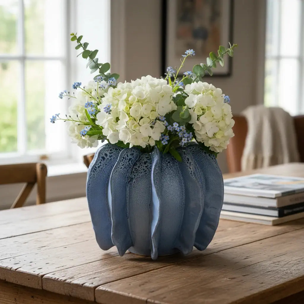 blue ceramic vase textured glaze artisan design