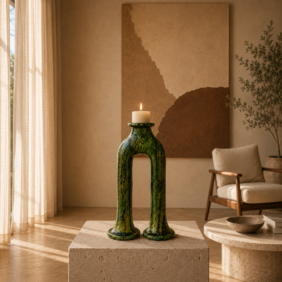 Handmade Tamegroute Double-Leg Vase – Moroccan Green Pottery (57 cm)