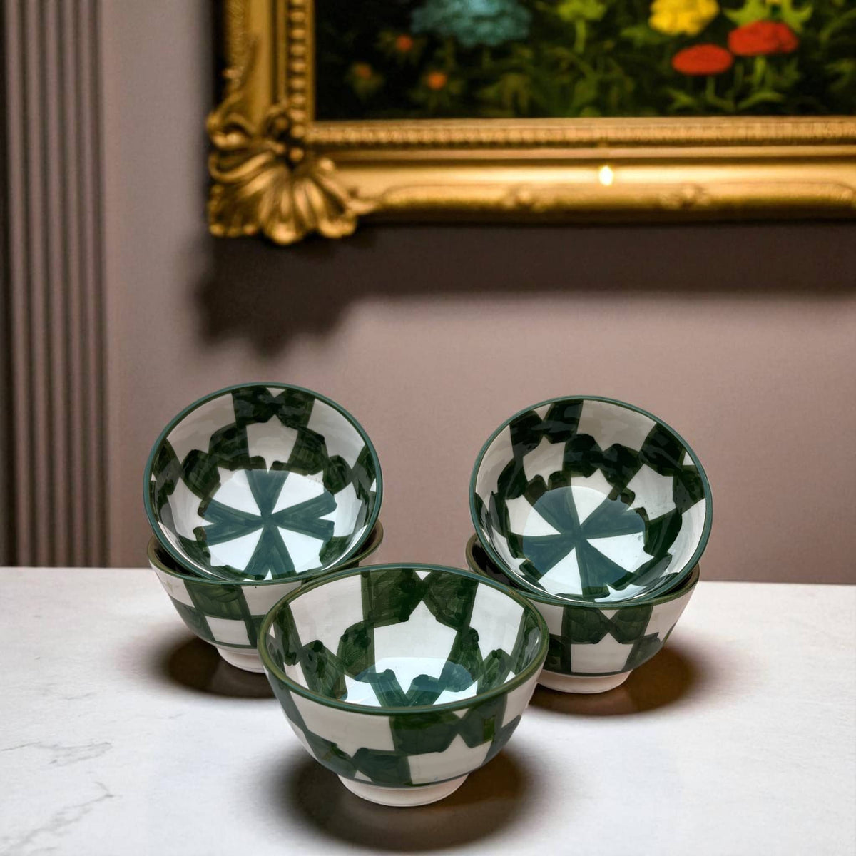 Handpainted Green & White Fes Moroccan Bowls (Set of 5 - 10 cm Diameter)