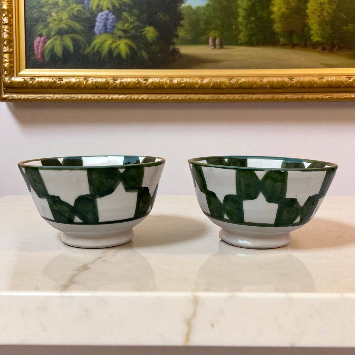 Handpainted Green & White Fes Moroccan Bowls (Set of 5 - 10 cm Diameter)