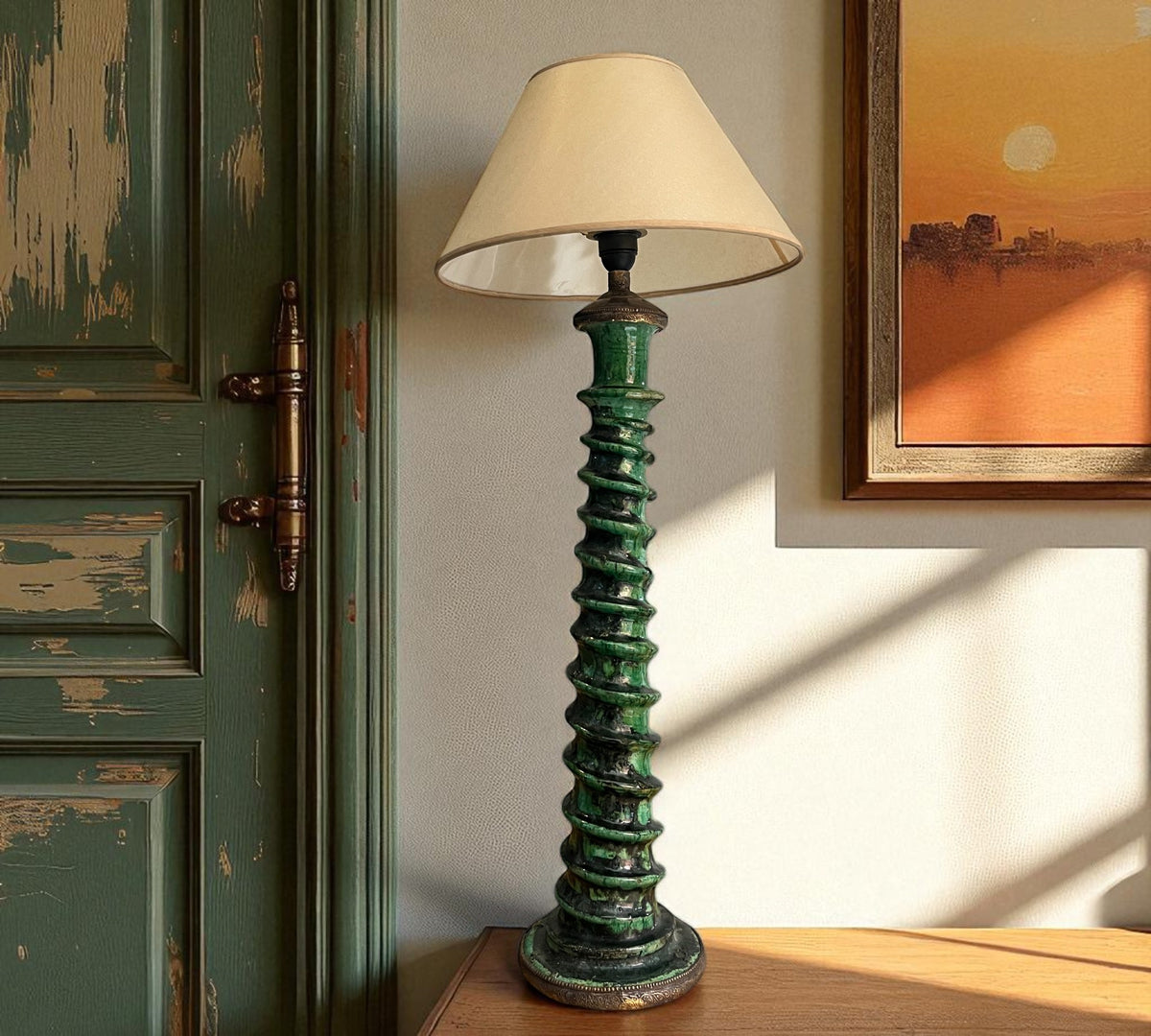 Tamegroute Floor Lamp – Sculptural Green Ceramic & Brass – Handmade in Morocco – 85 cm