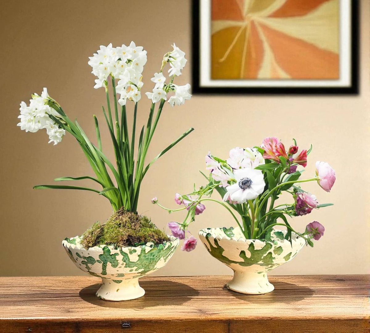 Green Splatter Moroccan Footed Bowls – Handcrafted Tamegroute Pottery for Serving or Planting (6"–12")