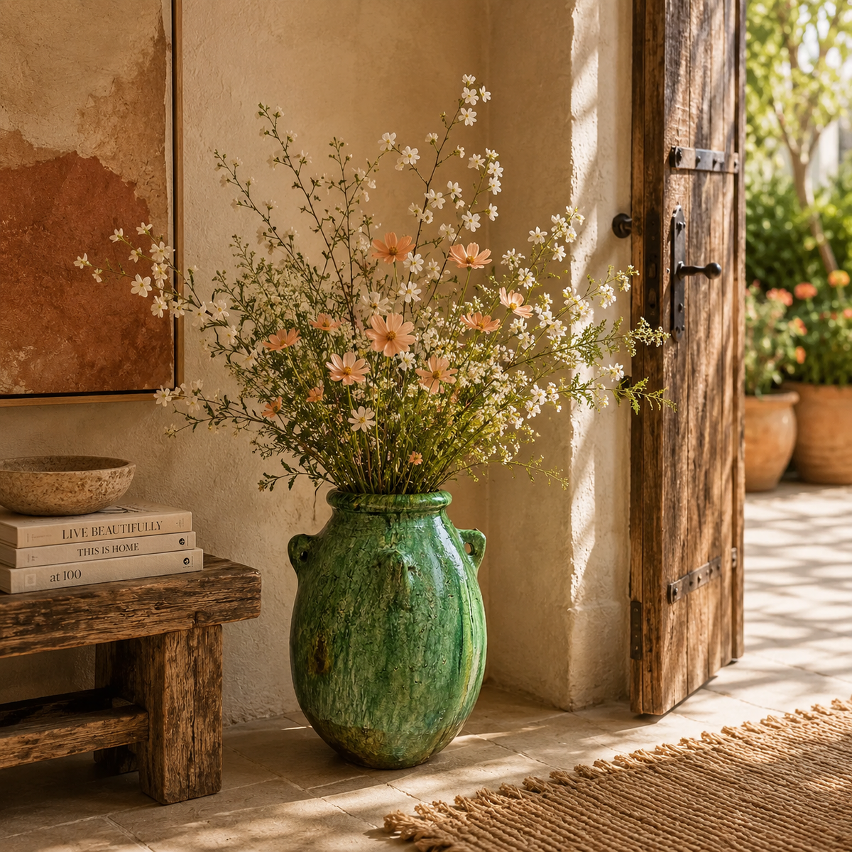 Handmade Green Tamegroute Vase with Side Handles – Moroccan Artisan Pottery