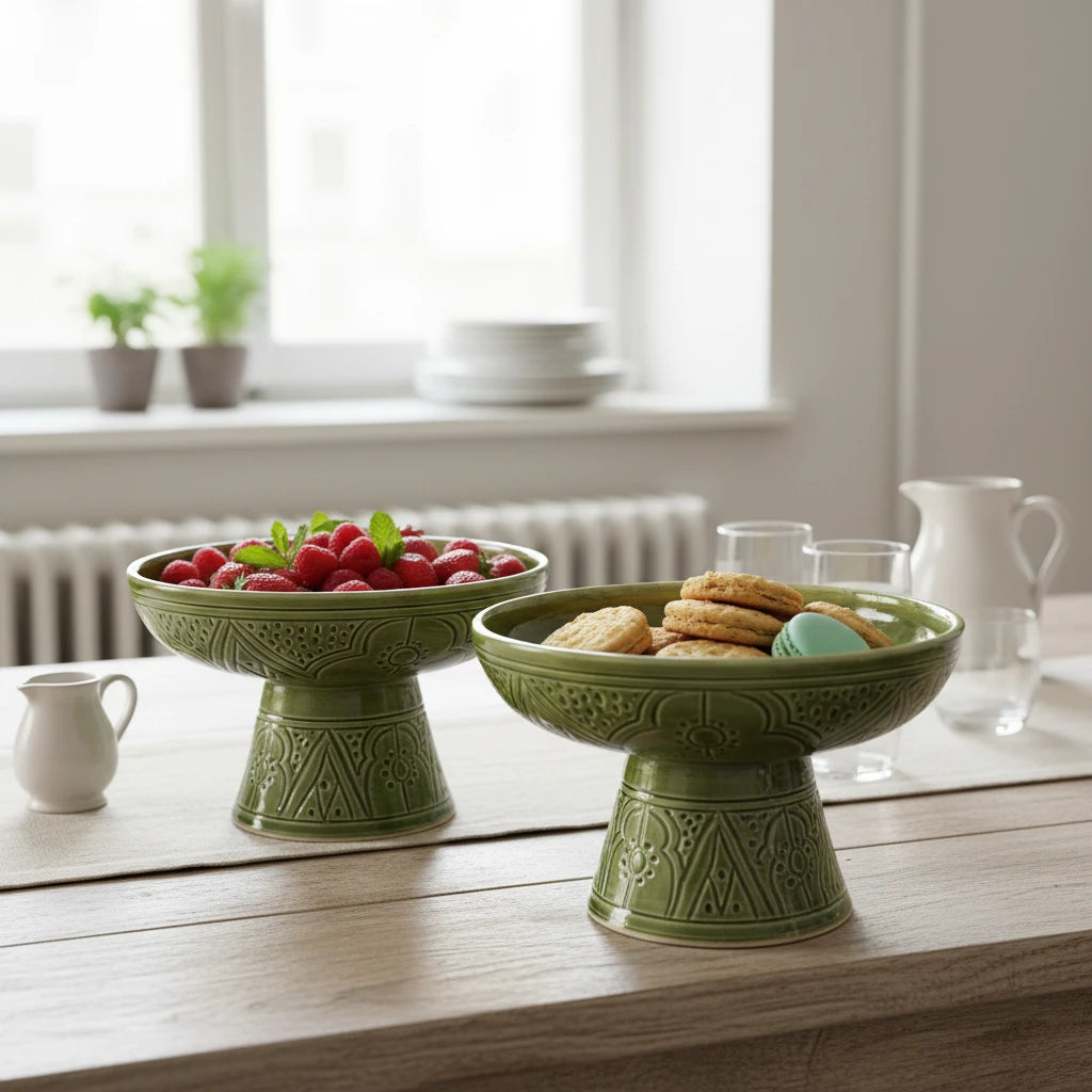 Handmade green ceramic pedestal bowl with hand-engraved Moroccan patterns