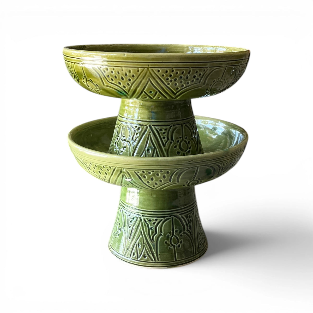 Handmade green ceramic pedestal bowl with hand-engraved Moroccan patterns