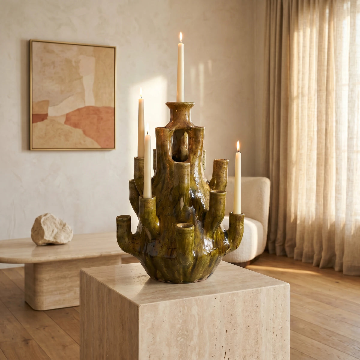 Handcrafted Yellow Multi-Spout Tamegroute Candle Holder – Moroccan Artisan Pottery