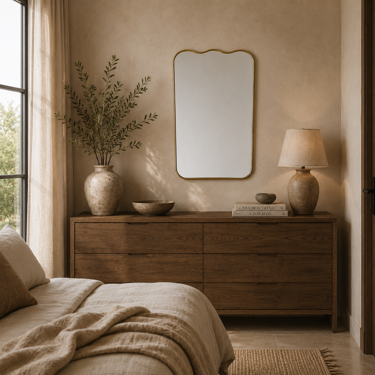 Handmade scalloped wall mirror with a slim antique brass frame for bathroom, bedroom, or entryway.
