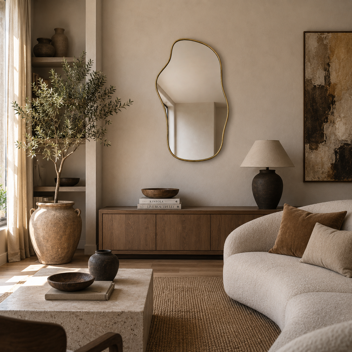 Handmade organic brass wall mirror with an irregular freeform shape that can be hung in either orientation.