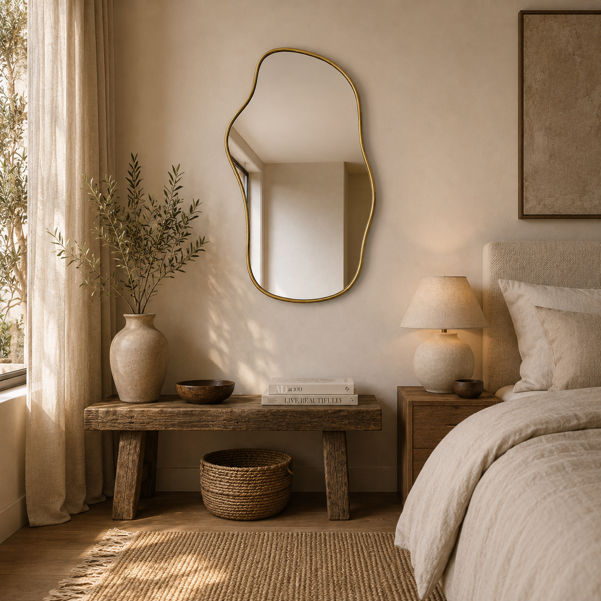 Handmade organic brass wall mirror with an irregular freeform shape that can be hung in either orientation.