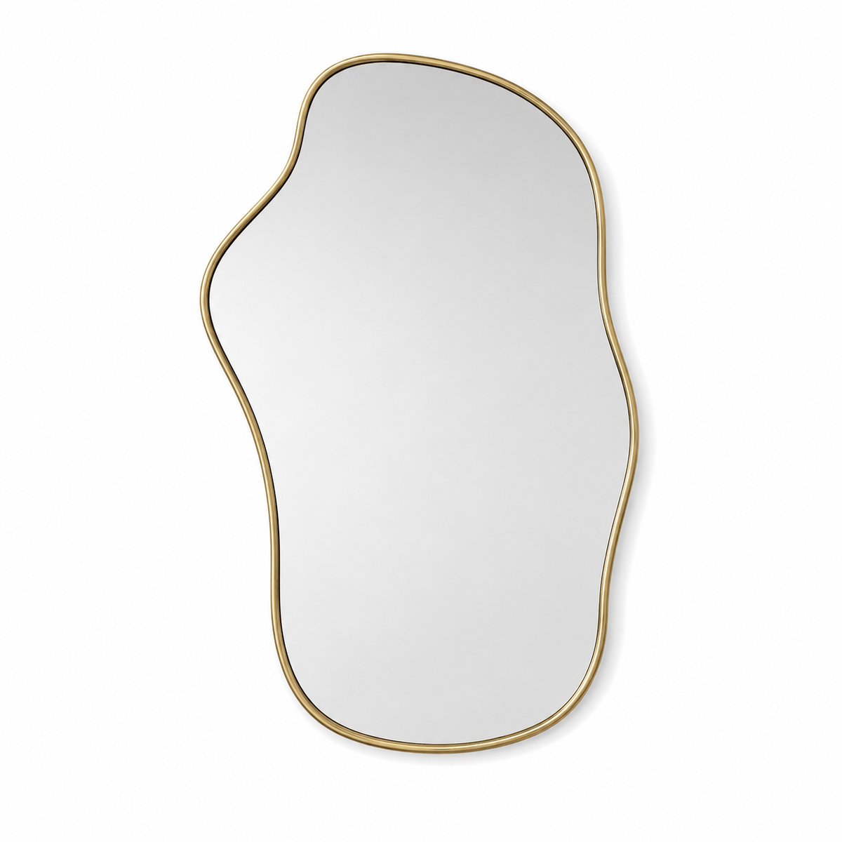 Handmade organic brass wall mirror with an irregular freeform shape that can be hung in either orientation.