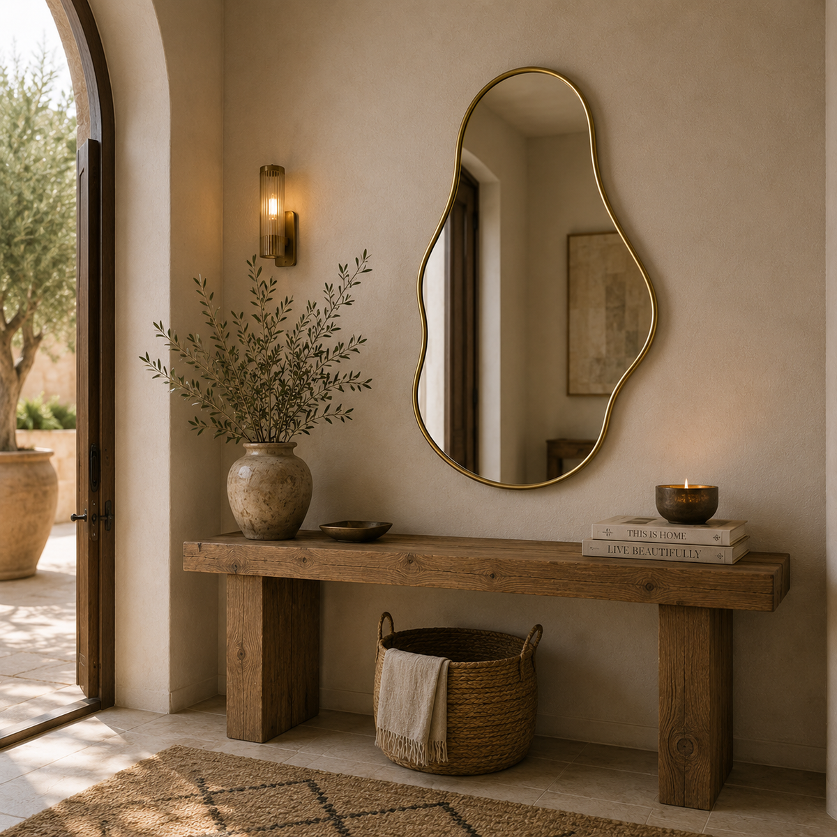 Handmade organic brass wall mirror with an irregular freeform shape that can be hung in either orientation.