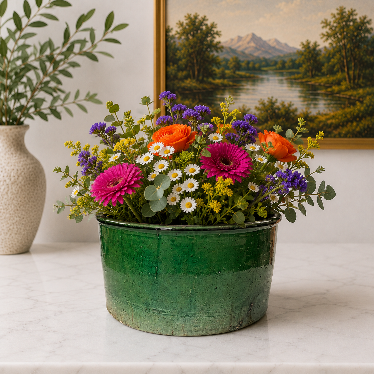 Handmade Moroccan Vintage Shaded Green Glaze Tamegroute Planter/Pot: Unique Ceramic Pottery for Plants