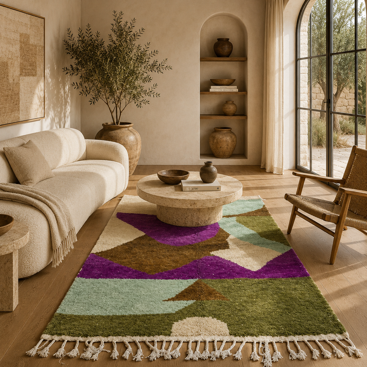 Multicolored geometric patterned rug with purple, brown, green, and beige colors.
