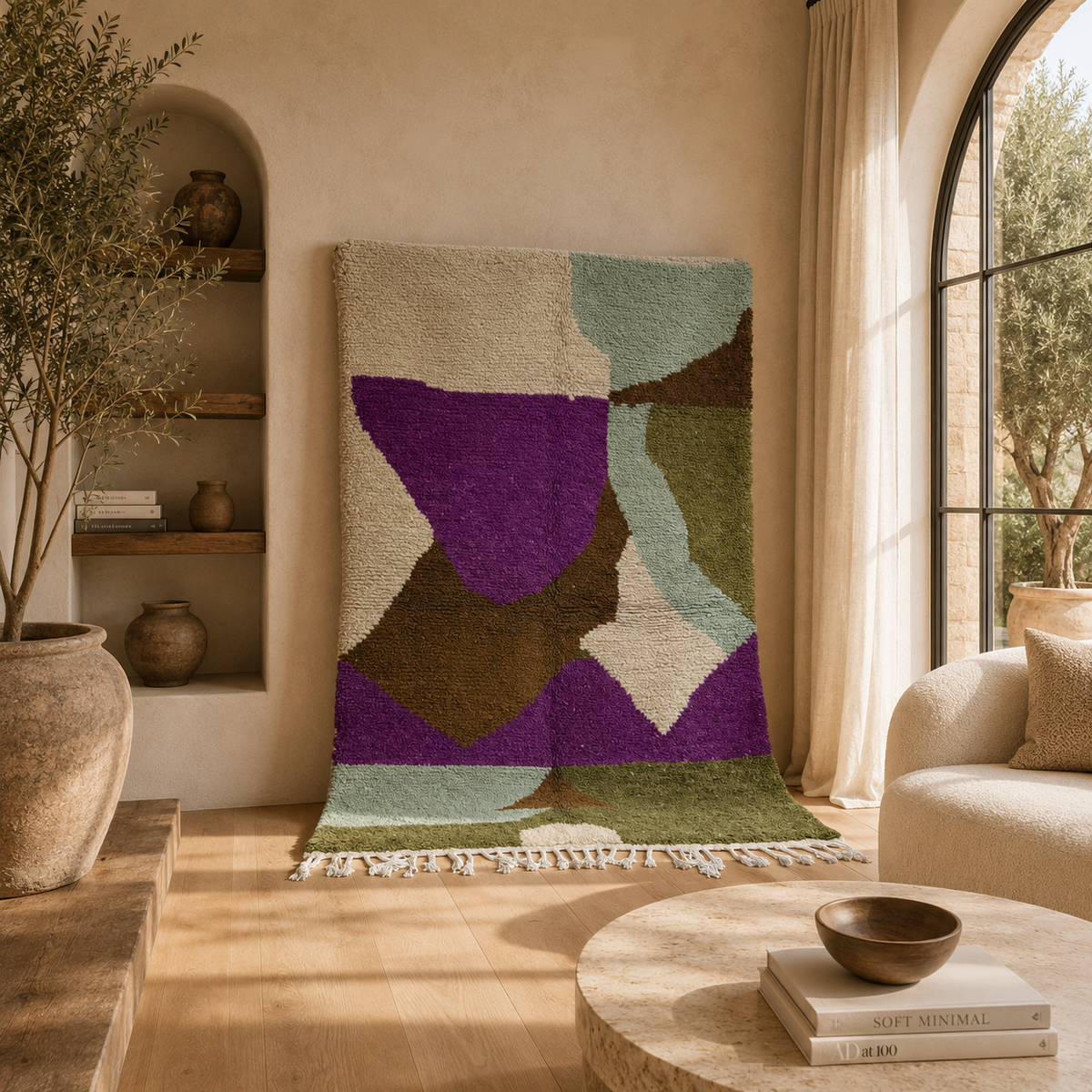 Multicolored geometric patterned rug with purple, brown, green, and beige colors.