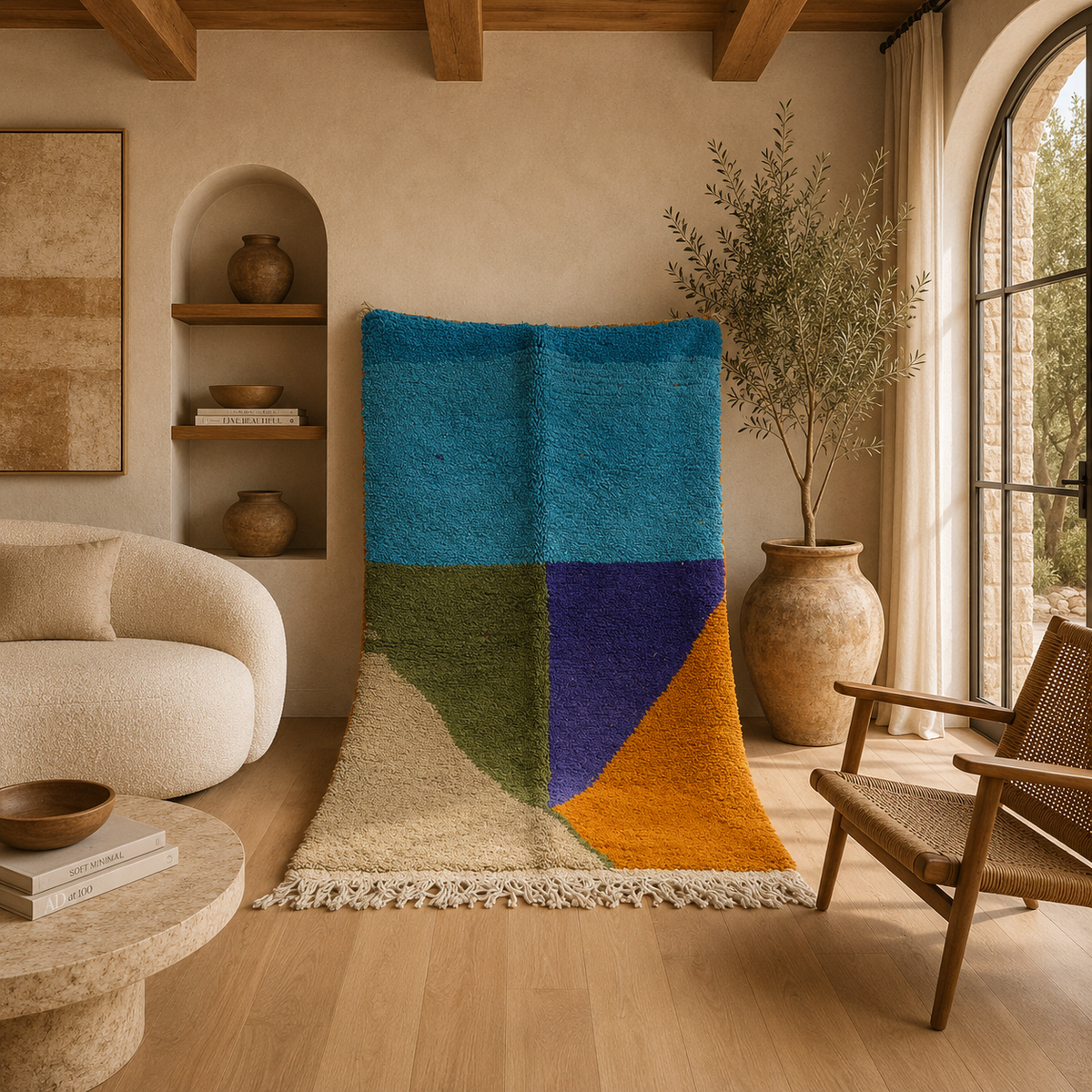 Handwoven Moroccan Bjaad Carpet – Modern Minimalist Color Block (240 × 158 cm)
