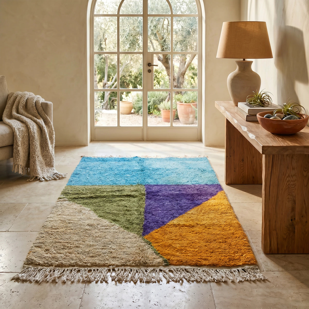 Handwoven Moroccan Bjaad Carpet – Modern Minimalist Color Block (240 × 158 cm)