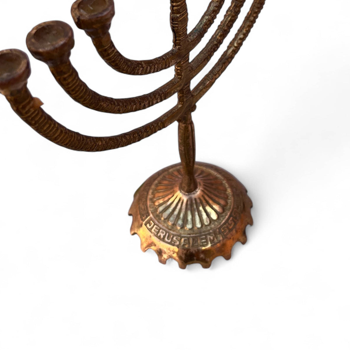 Bronze Menorah with 'Jerusalem' engraving on a white background