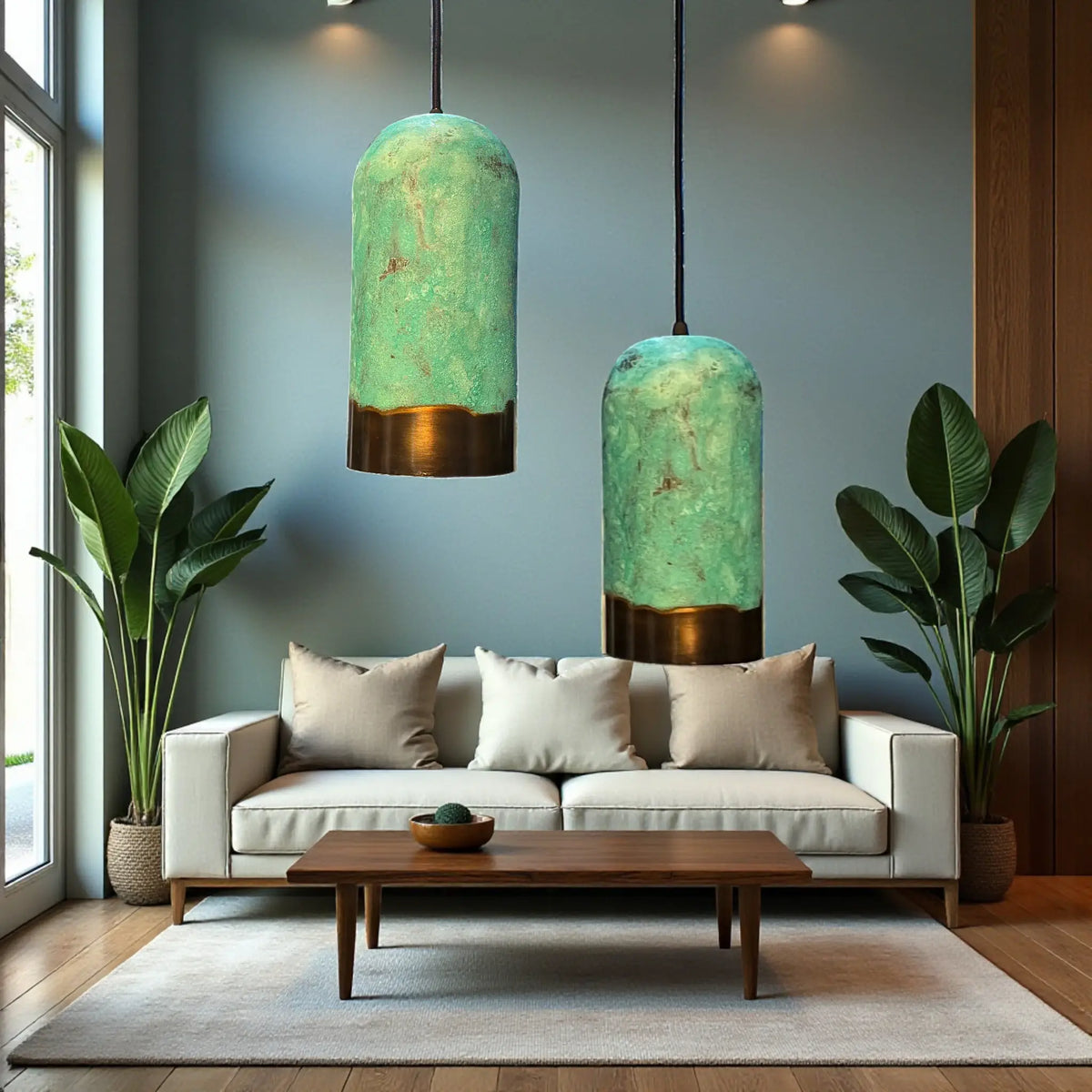 Handmade oxidized copper pendant light with green patina hanging in a modern living room interior