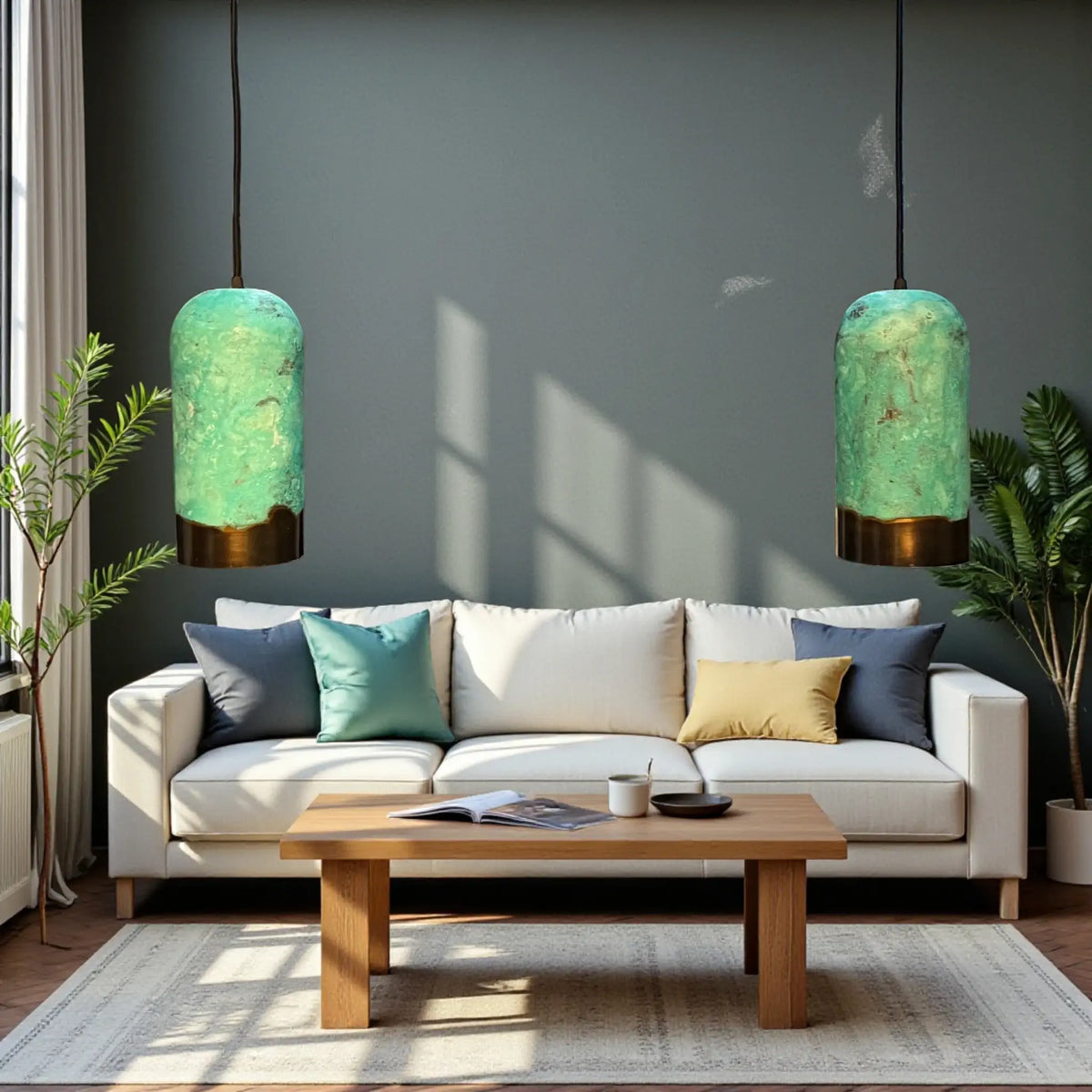 Handmade oxidized copper pendant light with green patina hanging in a modern living room interior