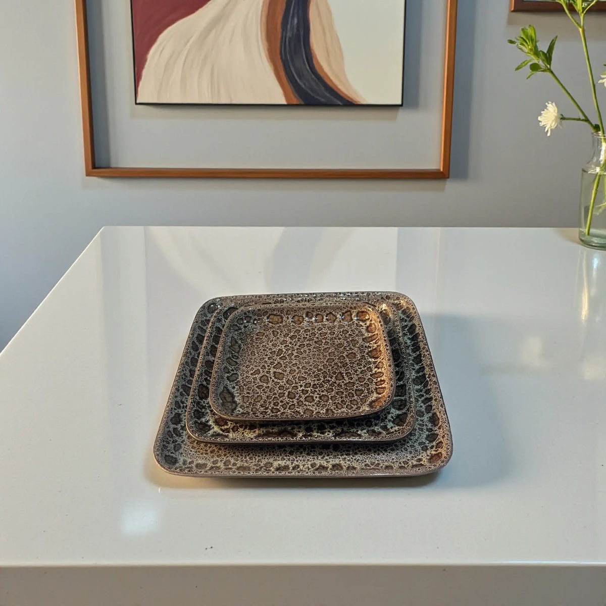 Handmade Moroccan ceramic plate with textured reactive glaze, artisan crafted serving and decorative plate.