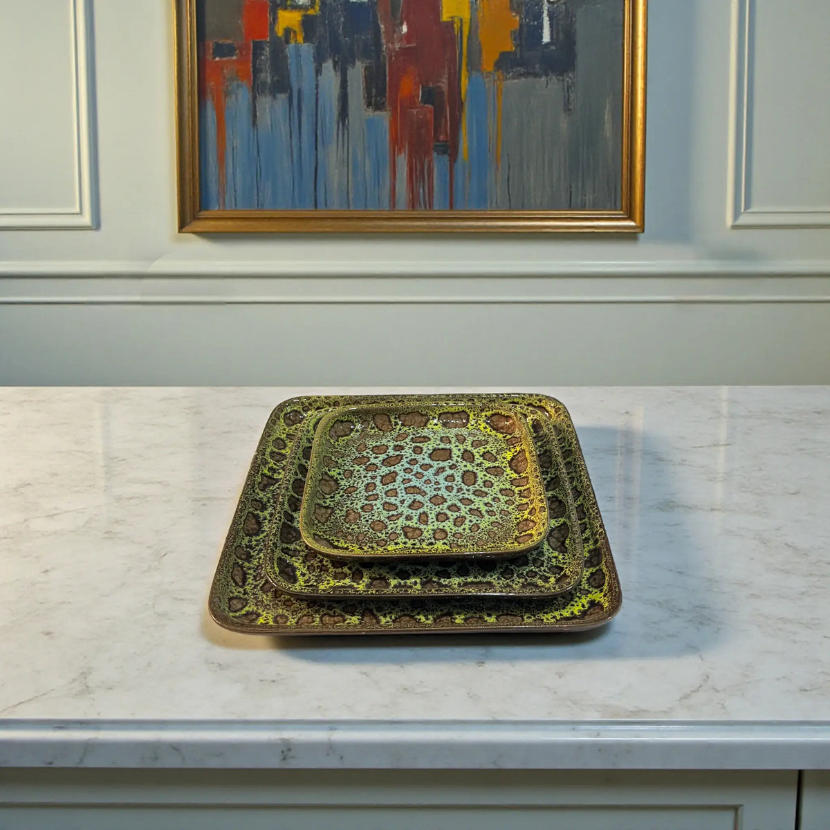 Handmade Moroccan ceramic square plates with reactive glaze in small medium and large sizes