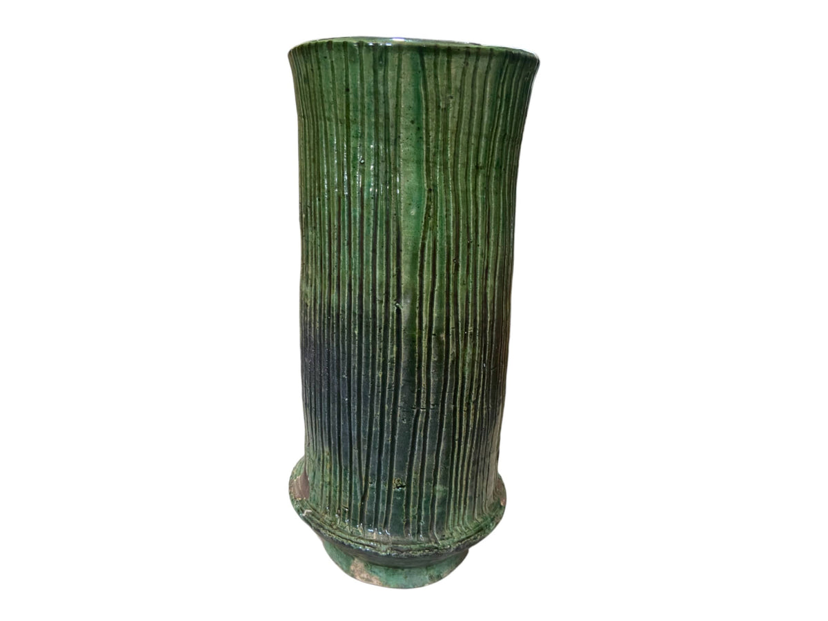 Artisan Handmade Moroccan Tamegroute Green Glazed Ribbed Pot / Vase