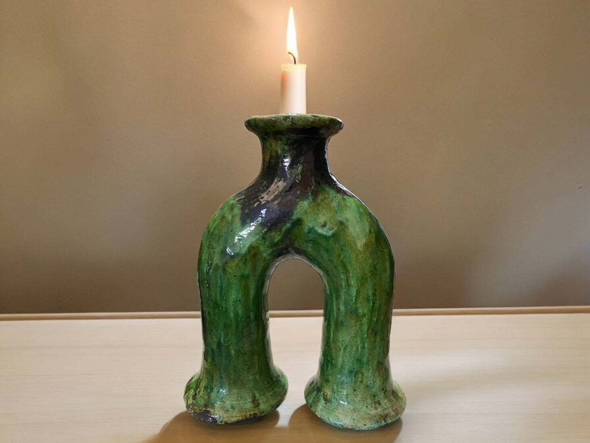 Handcrafted Moroccan Green Tamegroute Elephant's Foot Candlestick Sculpture