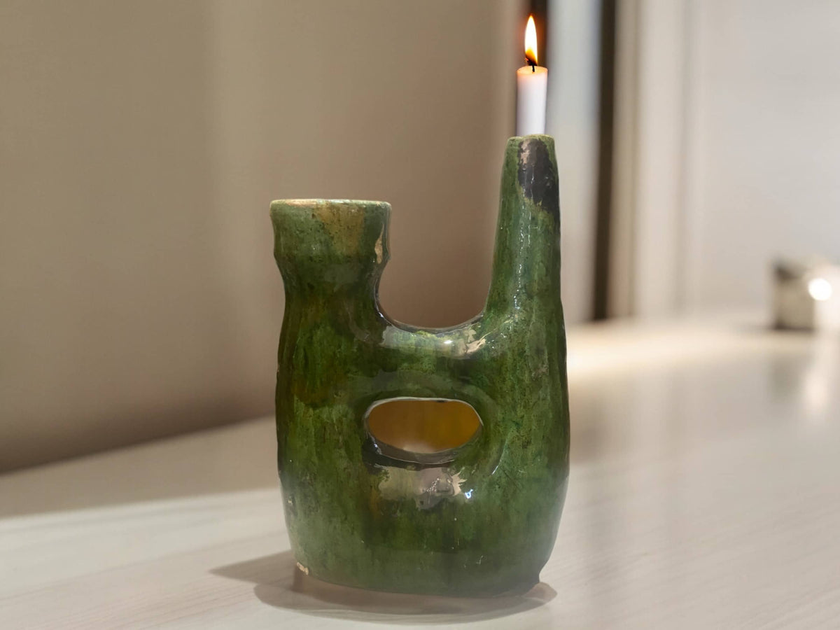 Handcrafted Moroccan Green Tamegroute Large Pipe Sculpture- Candlestick Holder / Vase