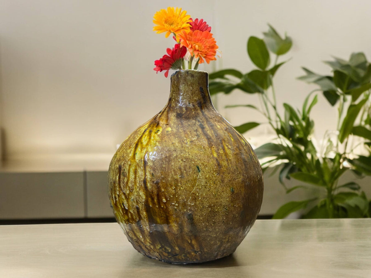 Artisan Handmade Moroccan Tamegroute Ochre Glazed Round Vase