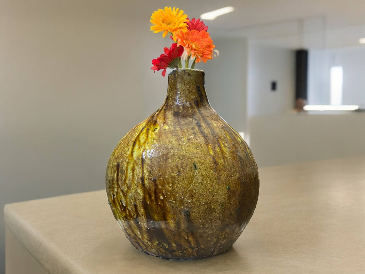 Artisan Handmade Moroccan Tamegroute Ochre Glazed Round Vase