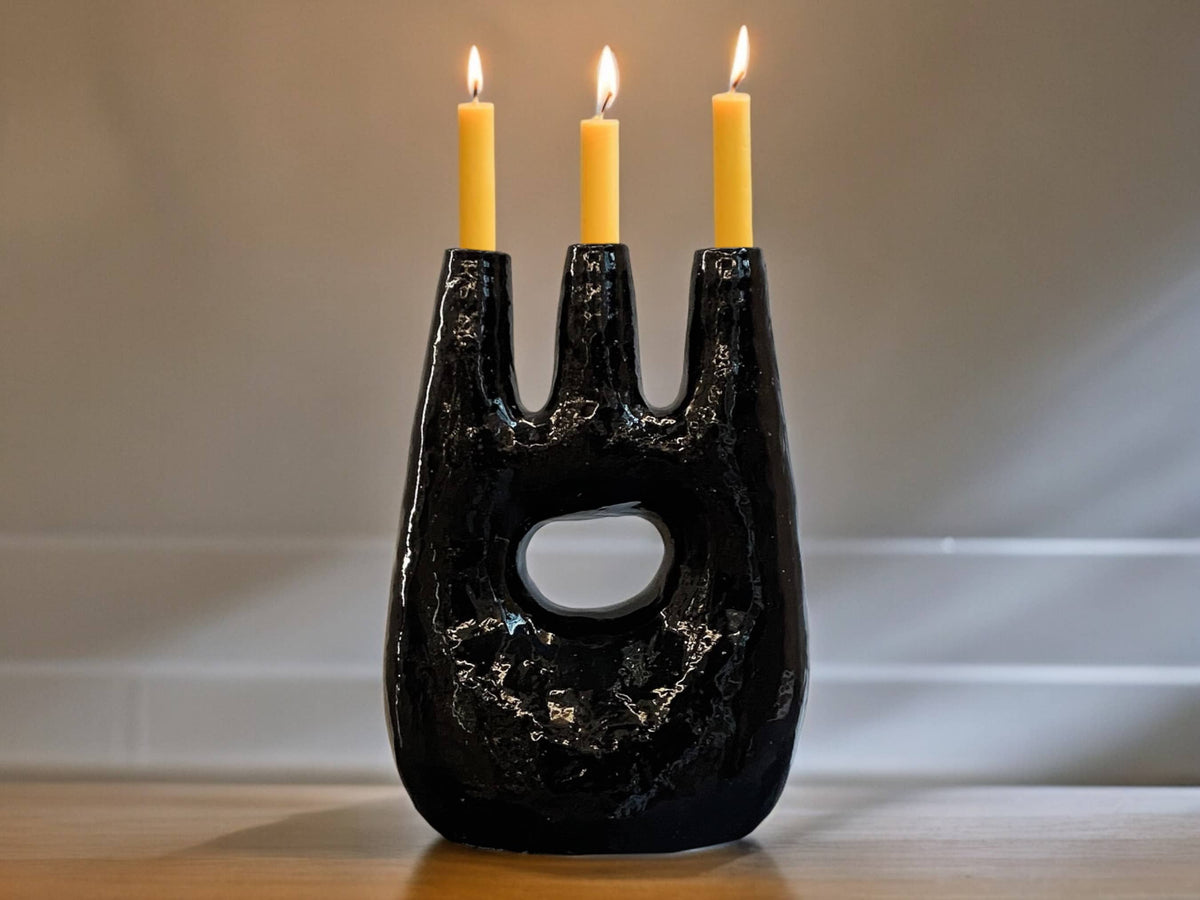 Handcrafted Moroccan Tamegroute Abstract Black Picasso Sculpture Triple Candlestick Holder