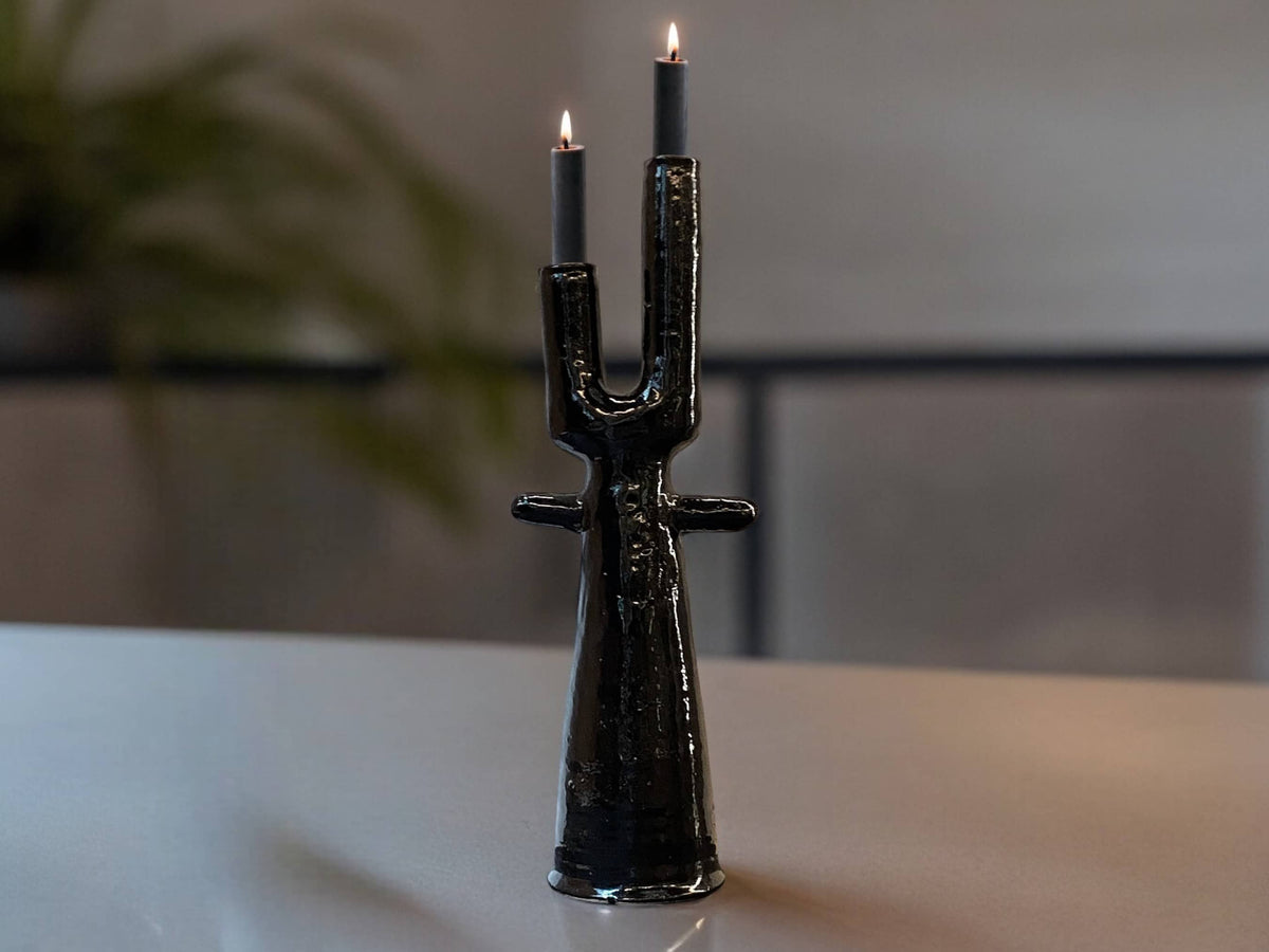 Handmade Moroccan Tamegroute Cactus Twin Candlestick Holder - Vintage Black Glaze