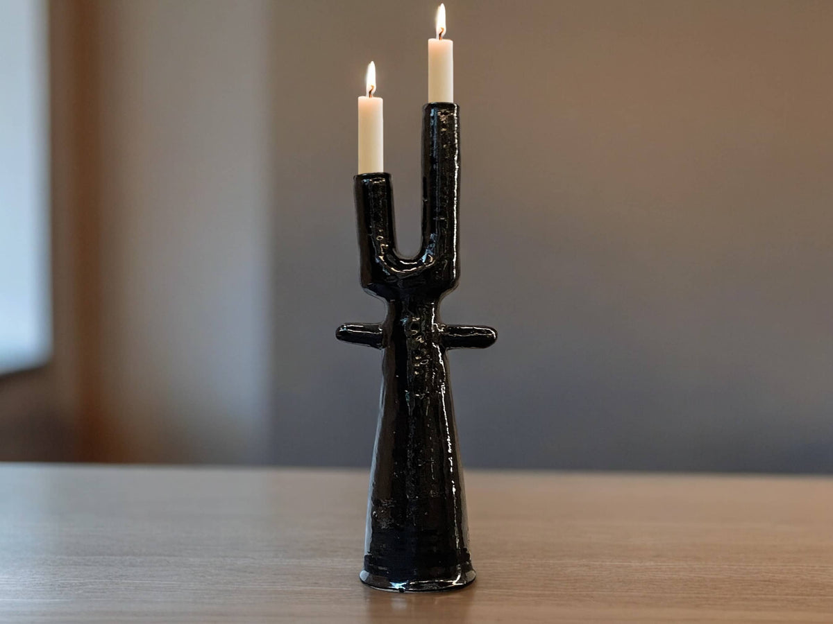 Handmade Moroccan Tamegroute Cactus Twin Candlestick Holder - Vintage Black Glaze