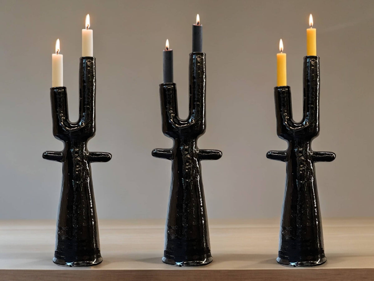 Handmade Moroccan Tamegroute Cactus Twin Candlestick Holder - Vintage Black Glaze