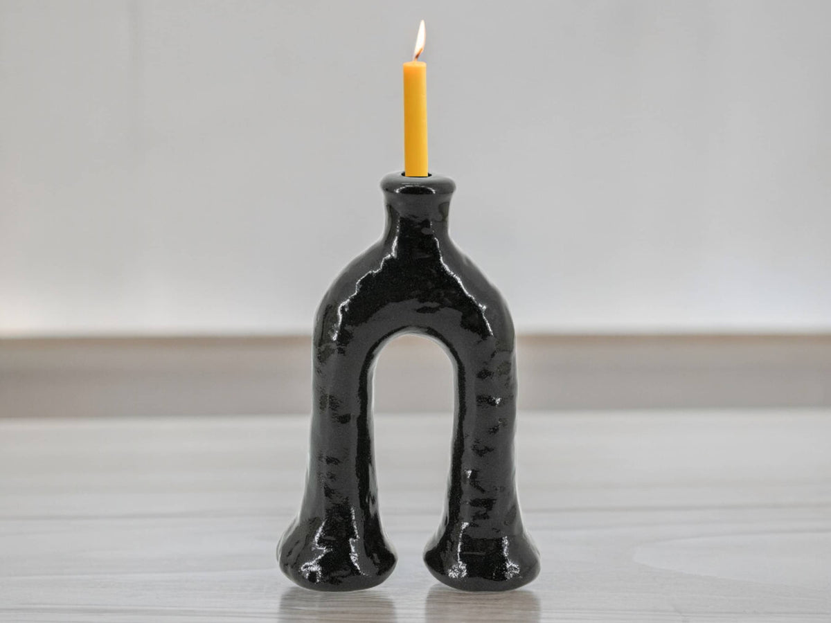 Handcrafted Moroccan Tamegroute Black Abstract Elephant's Foot Candlestick Sculpture
