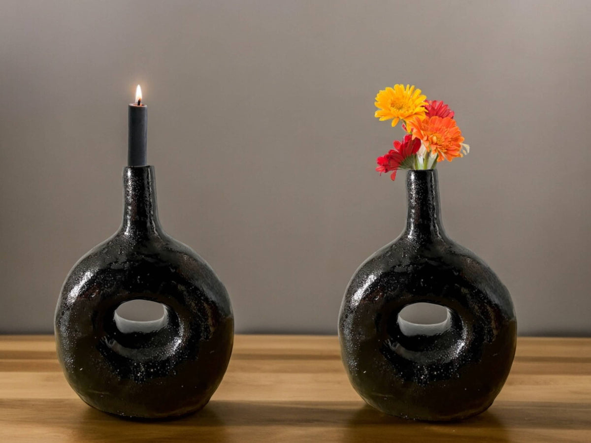 Handcrafted Moroccan Tamegroute Black Picasso Round Bottle Neck Candlestick Holder
