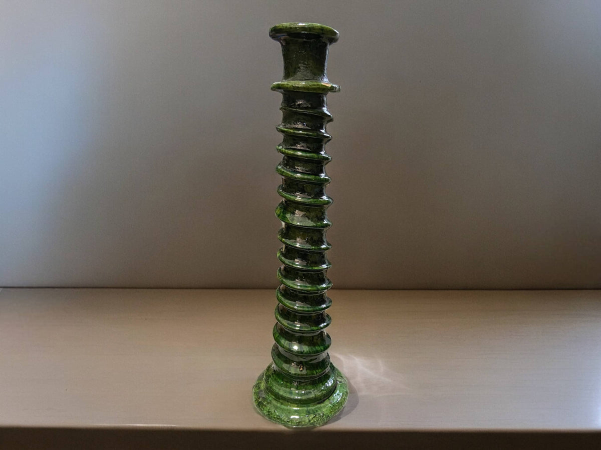 Handcrafted Moroccan Green Tamegroute Large Abstract Twist Sculpture Candlestick Holder