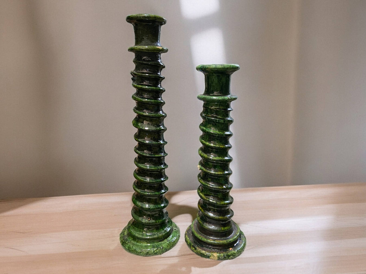 Handcrafted Moroccan Green Tamegroute Large Abstract Twist Sculpture Candlestick Holder